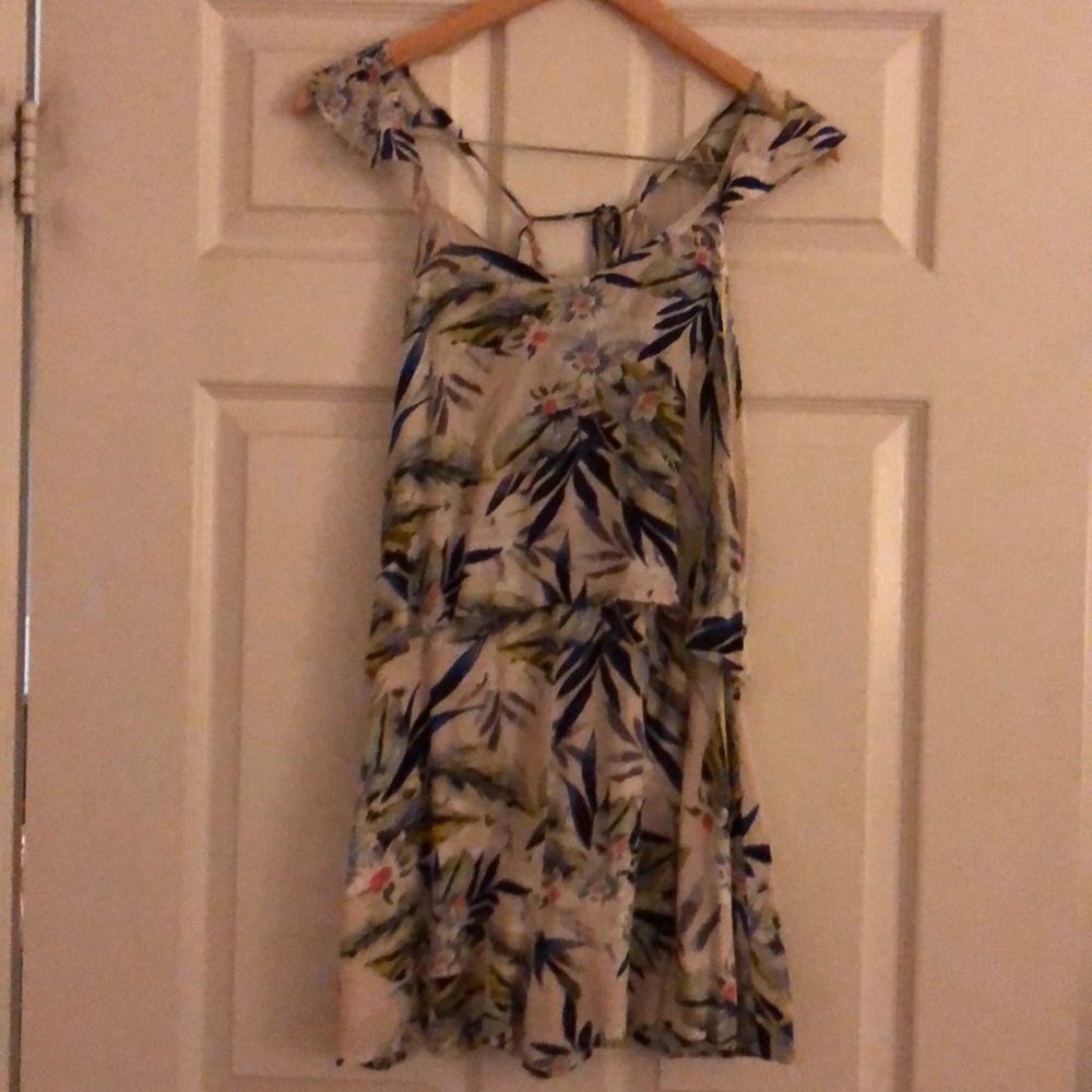 Tropical print linen short romper